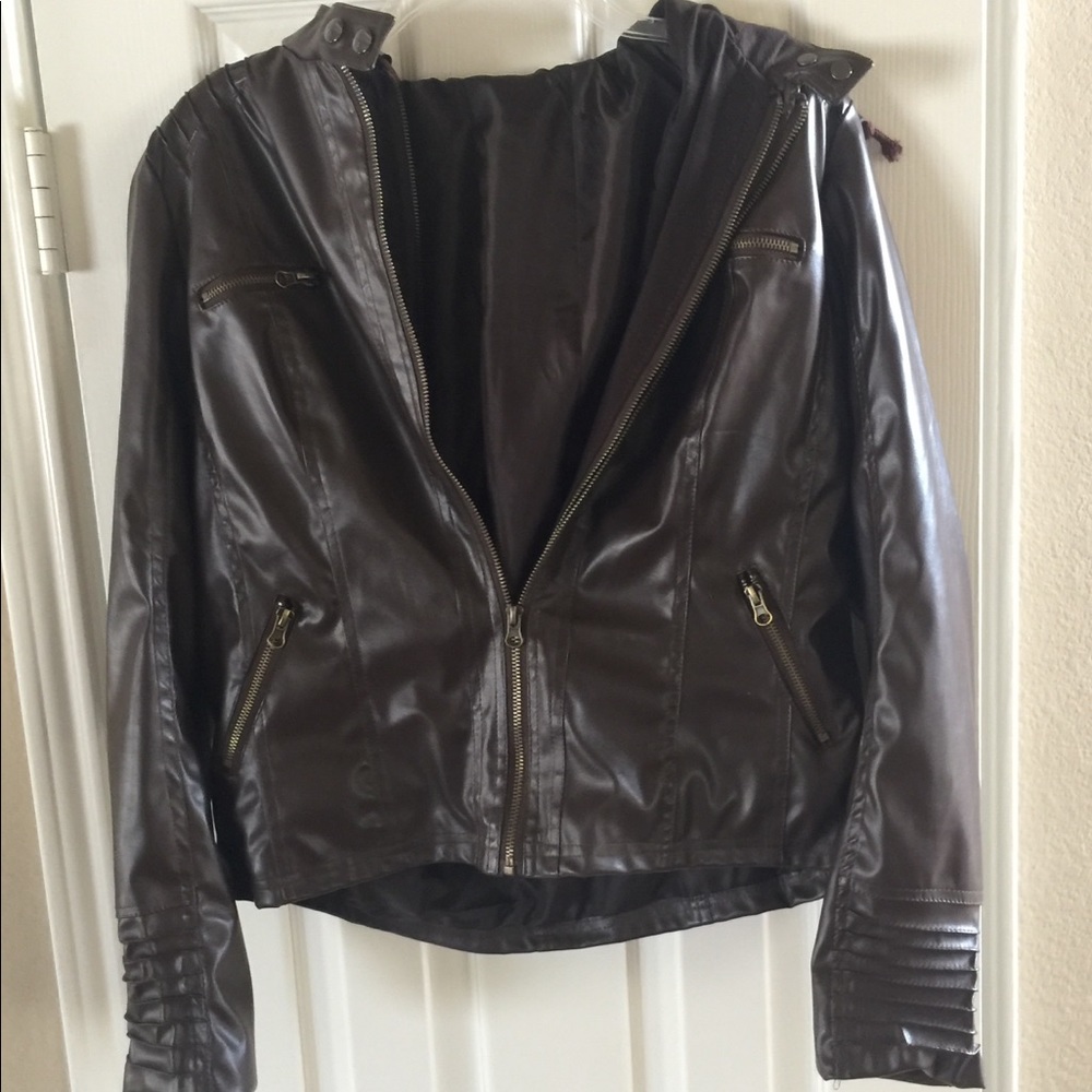 New Faux brown leather jacket with hood